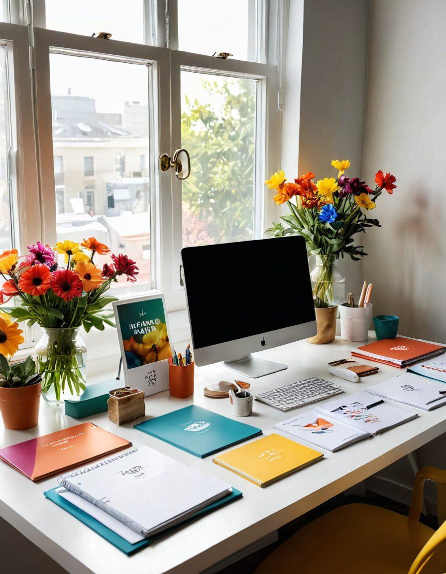 A beautifully arranged workspace with vibrant colors showcasing various branding materials that evoke joy, such as logo designs, color palettes, and inspirational quotes. Include elements of nature like flowers and sunlight filtering through a window to symbolize connection and warmth. The overall atmosphere should radiate creativity and inspiration. super-realistic. vibrant colors. white background.