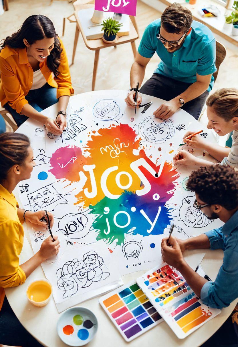 A vibrant and colorful logo design workshop scene, featuring a diverse group of designers joyfully collaborating. Include sketches of logos that evoke happiness, emotional branding elements, and tools like paints and digital tablets scattered around. Display a sunlit atmosphere with joy-filled expressions on the designers’ faces. Incorporate playful typography spelling 'Joy' in the background. vibrant colors. super-realistic.